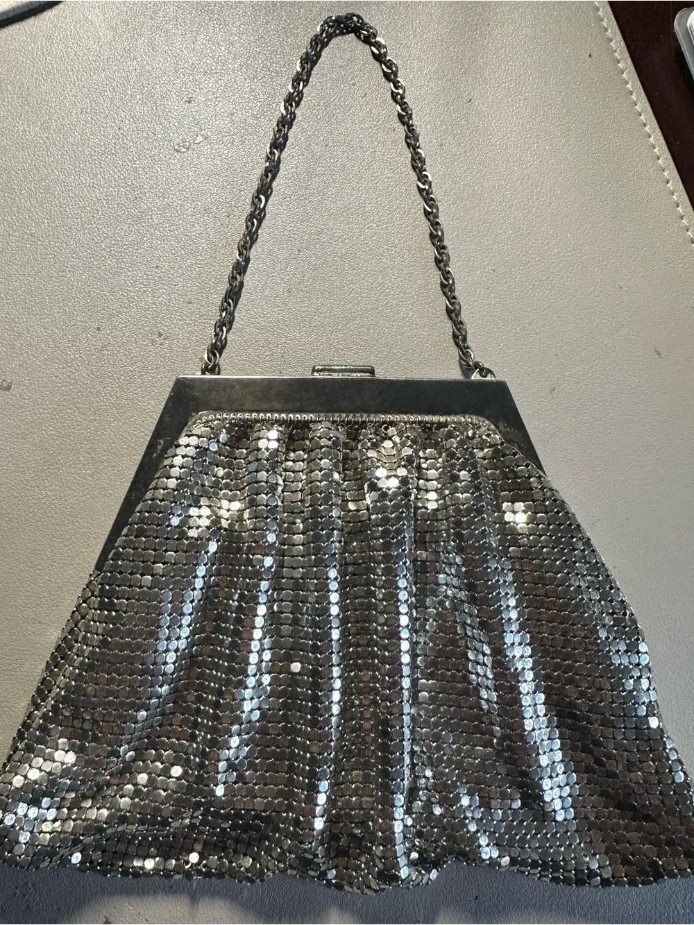 Whiting & Davis Vintage Silver Sequin Chain Wristlet Clutch